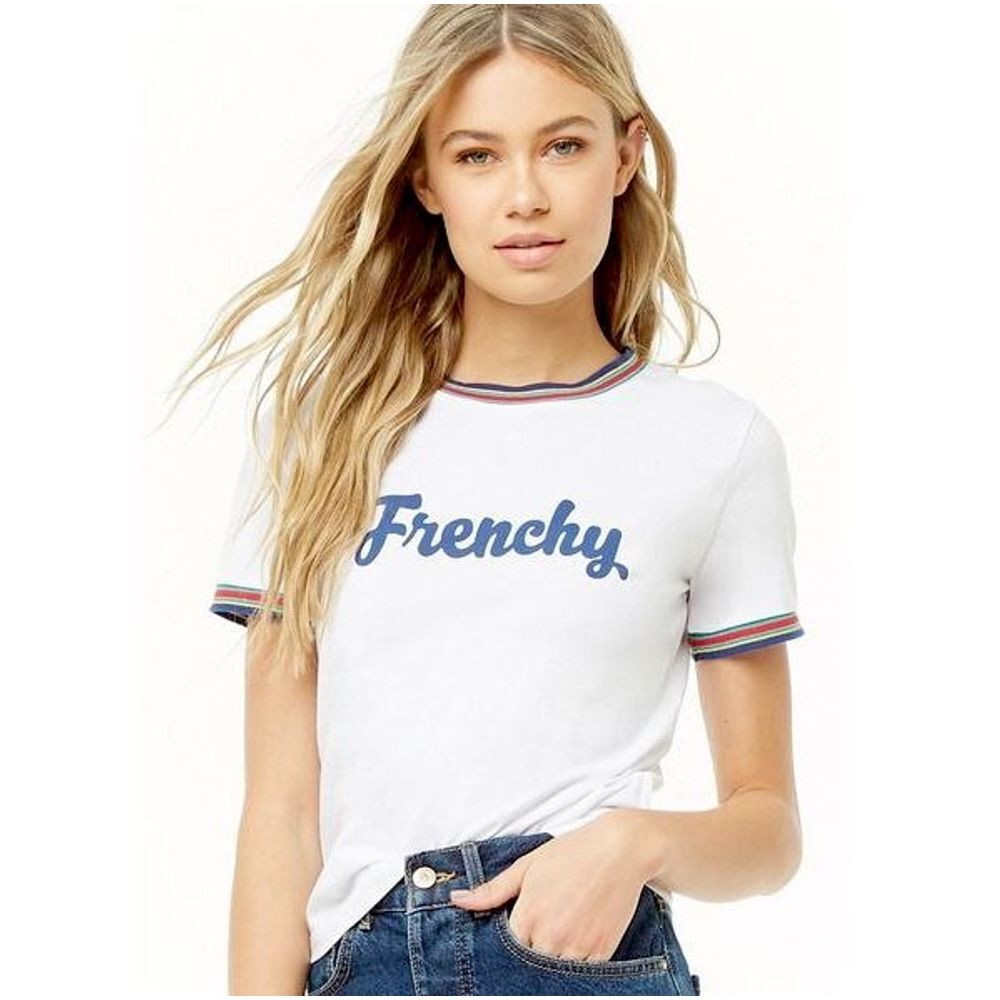 Retro Frenchy Graphic White Ringer Tee, Forever 21, NWT, Back to School, Large